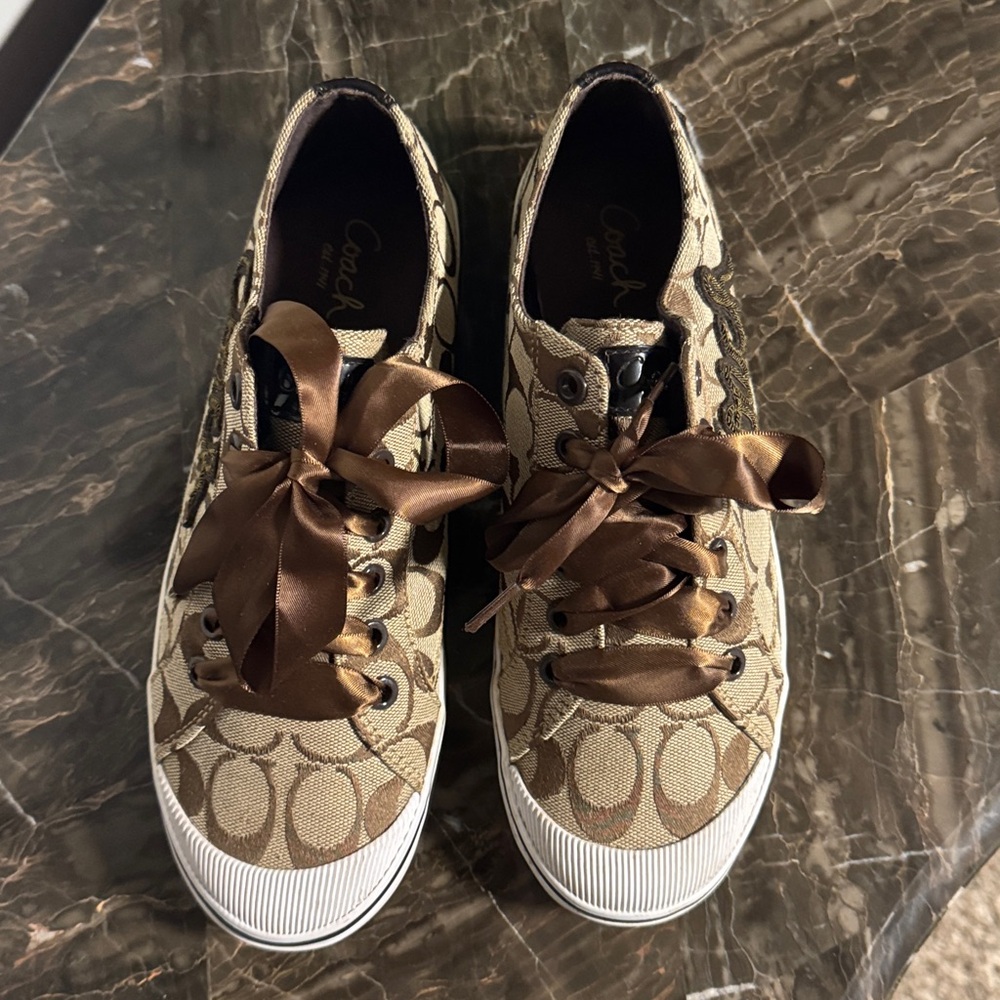 Coach Signature Jacquard Low Top Sneakers Ribbon Laces Brown Monogram Designer 8 - Picture 8 of 13